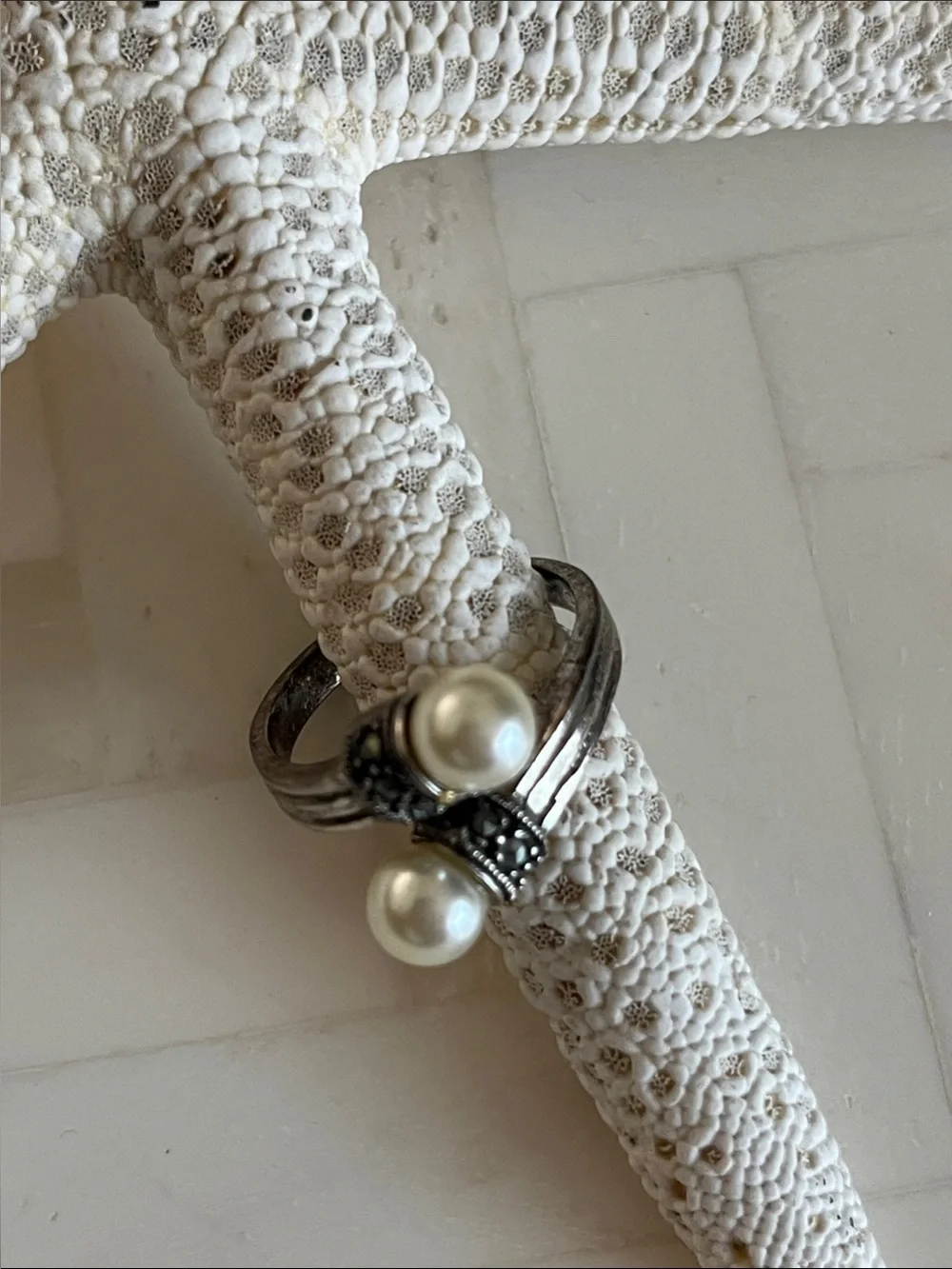 Pearl Two-Stone Sterling Silver Ring - White Pearls